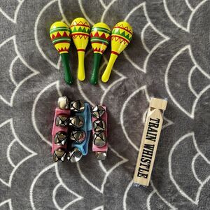 Wooden Maracas Colorful Patterns Rumba Shakers + Train Whistle + Sleigh Bells